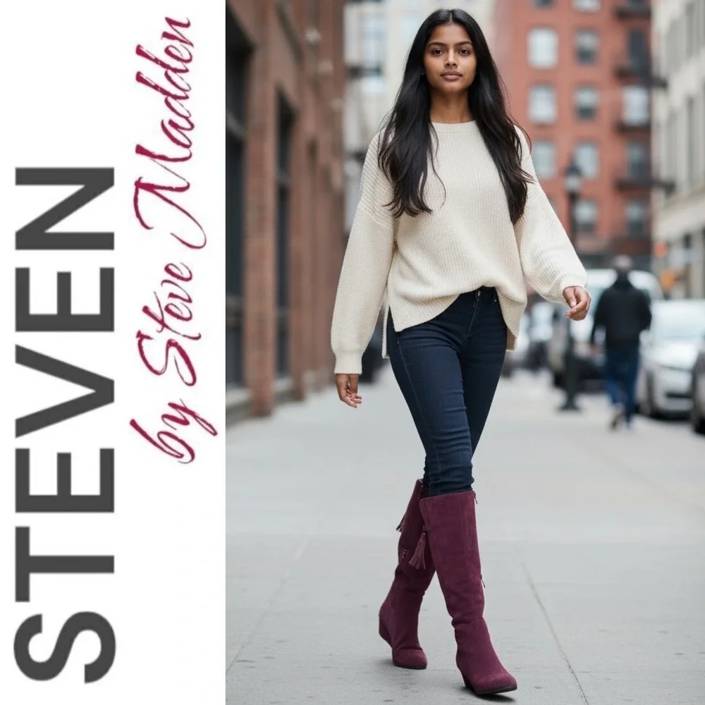 Steven‎ by Steve Madden Larken Burgundy Wine Suede Tall Wedge Boots Boho 7